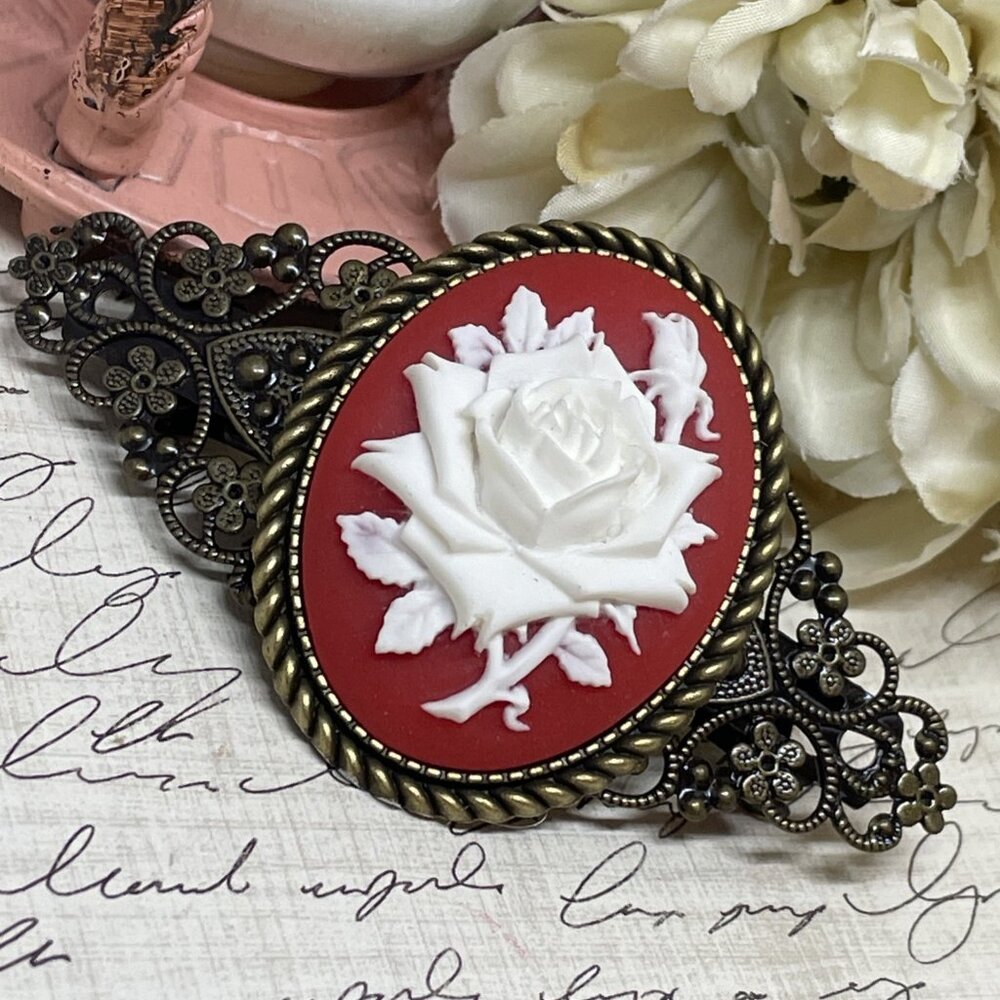 Red White Rose Cameo Flower Anniversary Wedding Pin Hair Clip Jewelry Comb Bride